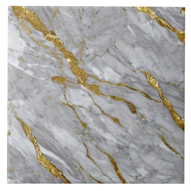 Pale Grey Marble Effect with Golden Bands Ceramic Tile (Front)