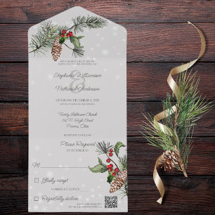 Pale Grey Pine & Holly in Snow QR Code All In One Invitation