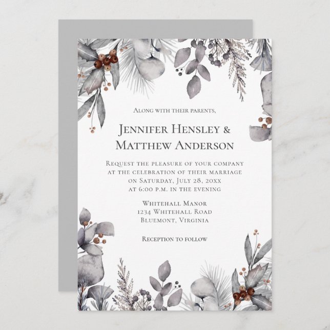 Pale Grey, Silver Terracotta Winter Wedding Invitation (Front/Back)