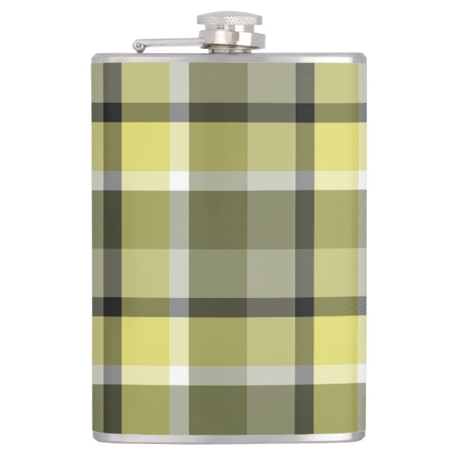 Pale Grey, Yellow, White Tartan Plaid Pattern  Hip Flask (Front)