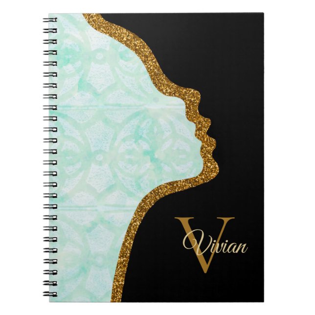 Pale Jade Black And Gold Glitter Face Notebook (Front)