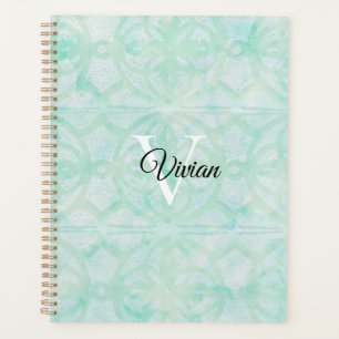 Pale Jade Green Batik Elegant Monogram Name Planner