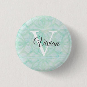 Pale Jade Green Watercolor Monogram Name 3 Cm Round Badge