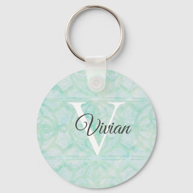 Pale Jade Green Watercolor Monogram Name Key Ring (Front)