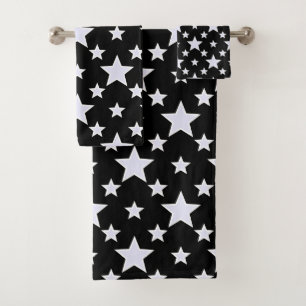 Pale Lavender and White Stars on Black Bath Towel Set