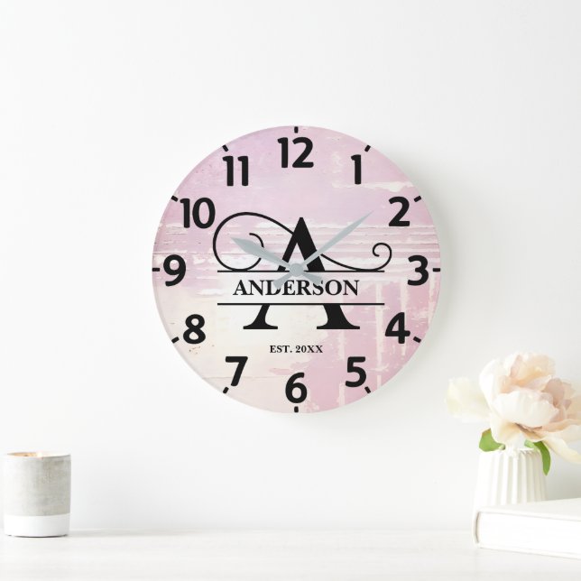 Pale Lavender Distressed A Monogram Large Clock (Home)