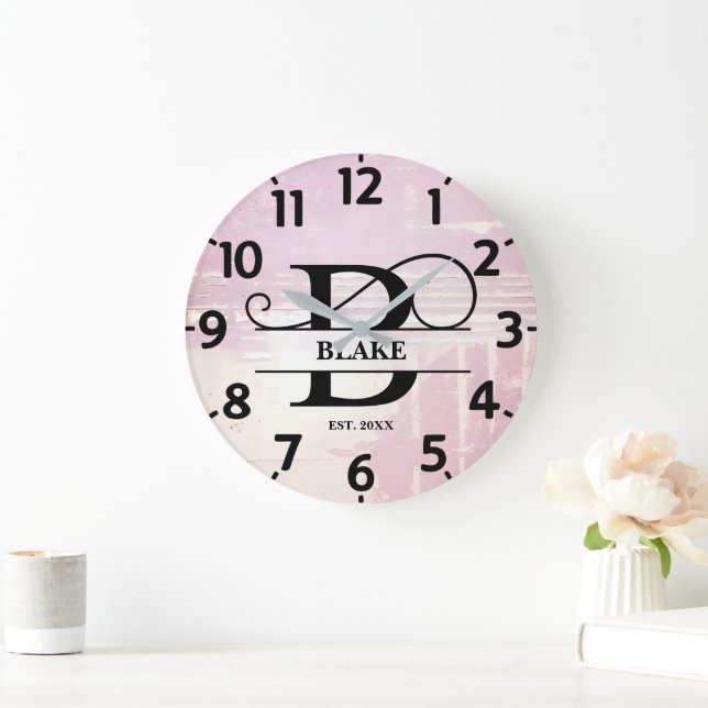 Pale Lavender Distressed B Monogram Large Clock (Home)