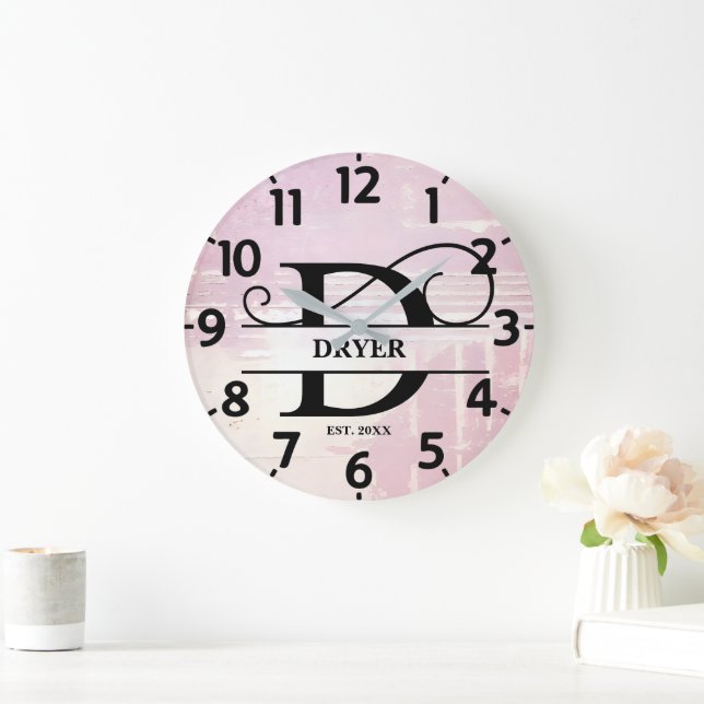 Pale Lavender Distressed D Monogram Large Clock (Home)