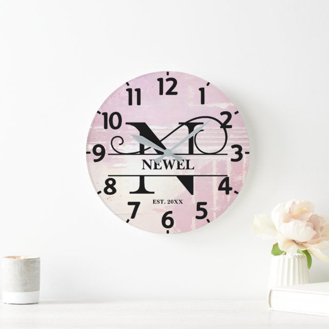 Pale Lavender Distressed N Monogram Large Clock (Home)