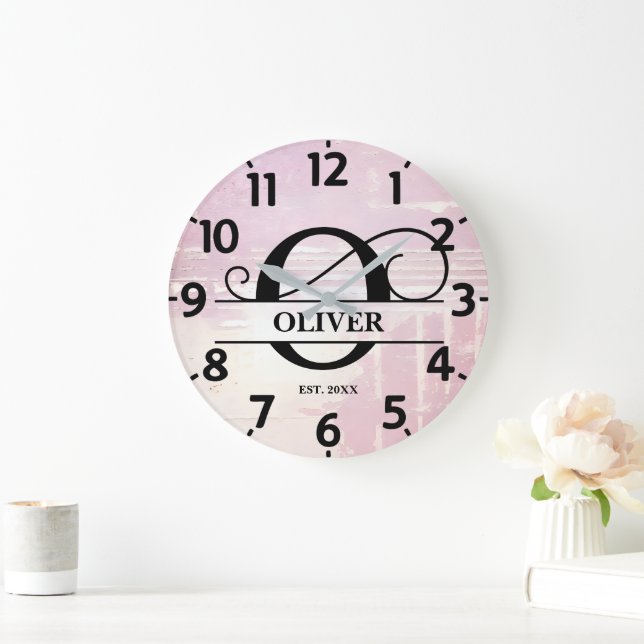 Pale Lavender Distressed O Monogram Large Clock (Home)