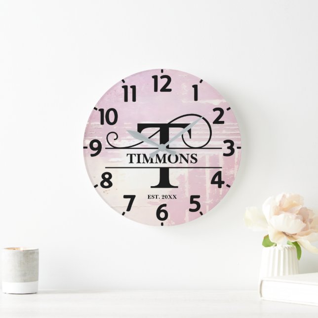Pale Lavender Distressed T Monogram Large Clock (Home)