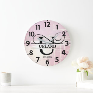Pale Lavender Distressed U Monogram Large Clock