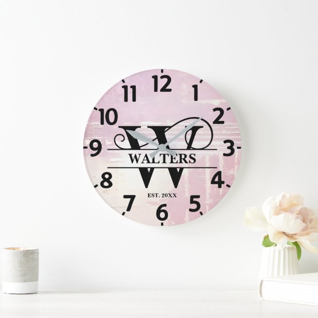 Pale Lavender Distressed W Monogram Large Clock (Home)