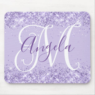 Pale Lavender Glitter Elegant Script Monogram Mouse Pad