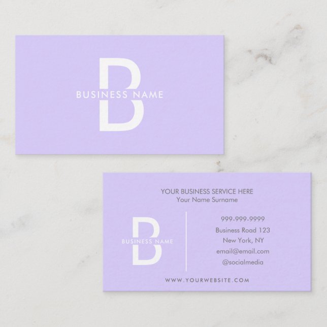 Pale Lavender Monogram Modern Professional  Business Card (Front/Back)