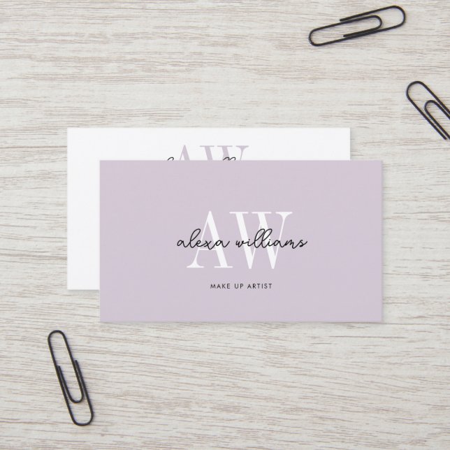 Pale Lavender Monogram Typography Script QR code Business Card (Front/Back In Situ)