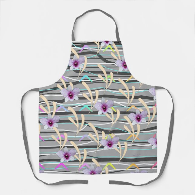 Pale Leaf Grey Pattern Purple Centre Floral  Apron (Front)