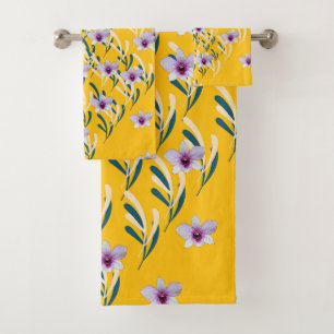Pale Leaf Grey Pattern Purple Centre Floral Yellow Bath Towel Set