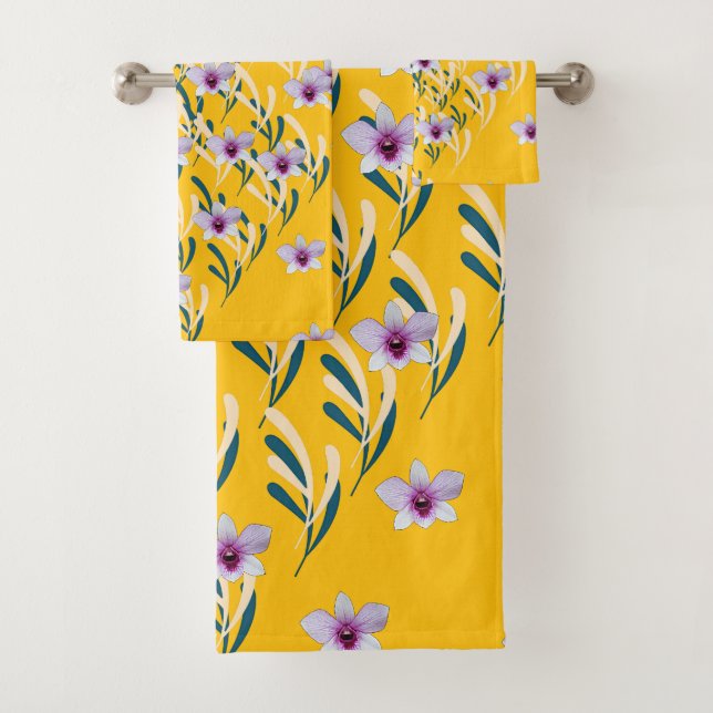 Pale Leaf Grey Pattern Purple Centre Floral Yellow Bath Towel Set (Insitu)