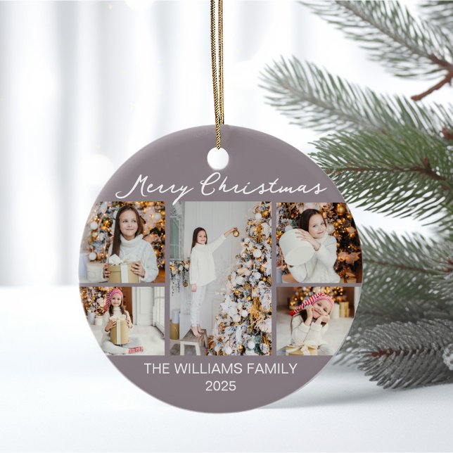 Pale Mauve Merry Christmas Photo Collage 2025 Ceramic Ornament (Creator Uploaded)