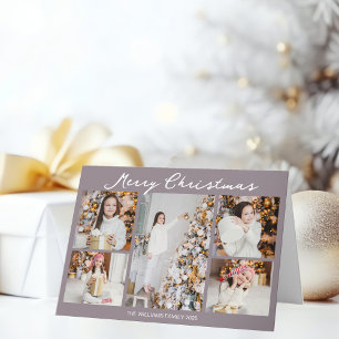 Pale Mauve Merry Christmas Photo Collage Trendy Holiday Card