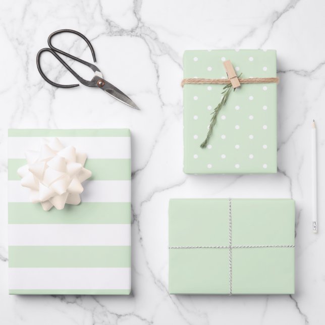 Pale Milky Green Polka Dot Wide Striped and Solid Wrapping Paper Sheet (Front)