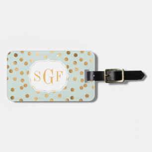 Pale Mint Blue and Gold Glitter City Dots Monogram Luggage Tag