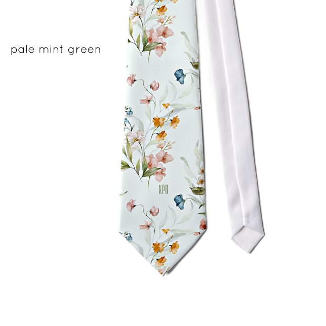 Pale Mint Cream, Initials, Colourful Floral Tie (Creator Uploaded)