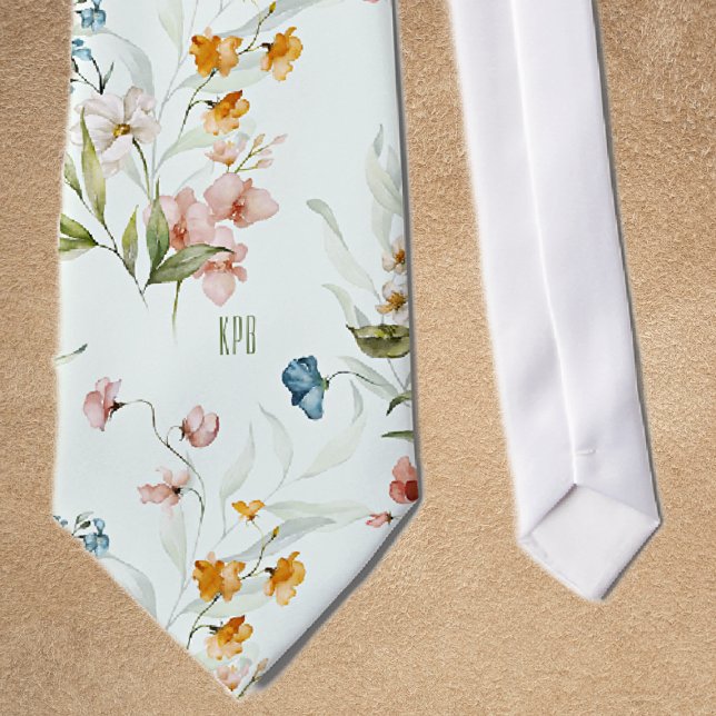Pale Mint Cream, Initials, Colourful Floral Tie (Creator Uploaded)