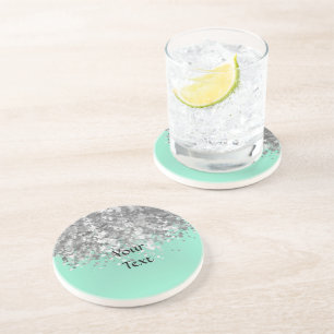 Pale mint green and faux glitter personalised coaster
