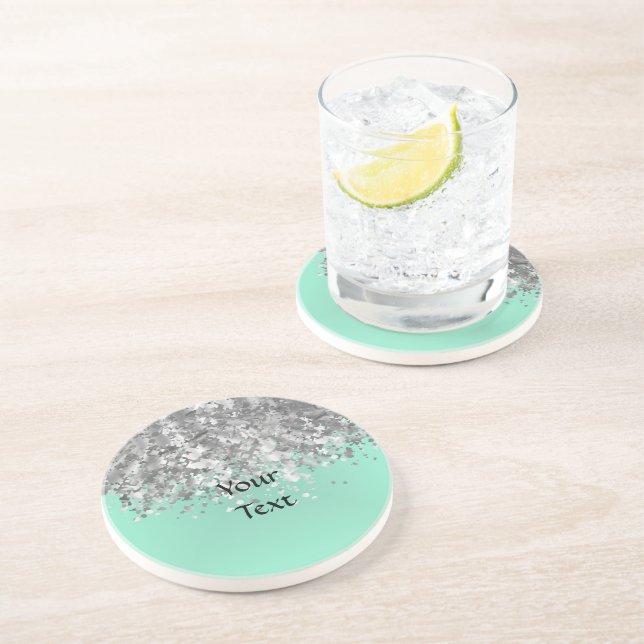 Pale mint green and faux glitter personalised coaster (Side)