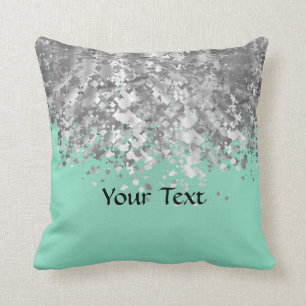 Pale mint green and faux glitter personalised cushion