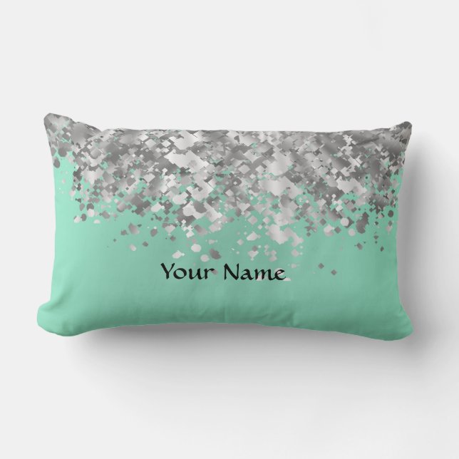 Pale mint green and faux glitter personalised lumbar cushion (Front)