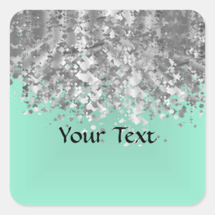 Pale mint green and faux glitter personalised square sticker