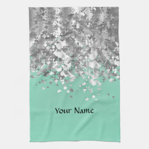 Pale mint green and faux glitter personalised tea towel