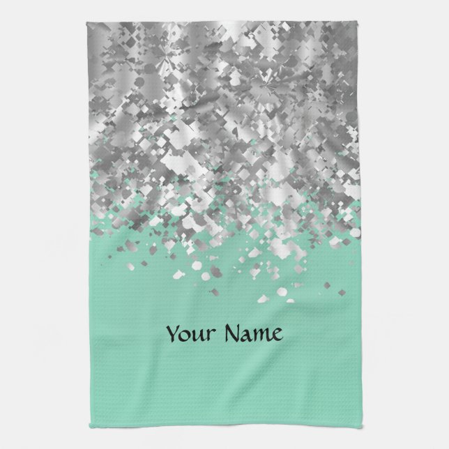 Pale mint green and faux glitter personalised tea towel (Vertical)