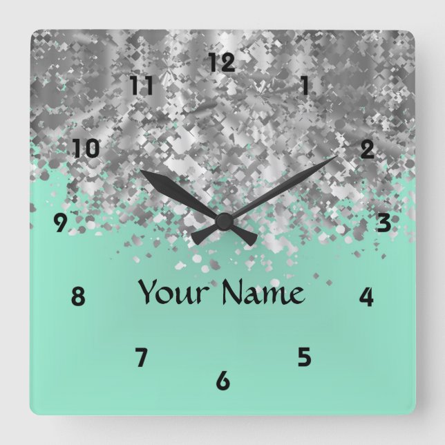 Pale mint green faux glitter personalised square wall clock (Front)
