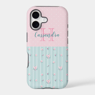 Pale Mint Green with Pink Flowers and Polka Dots 