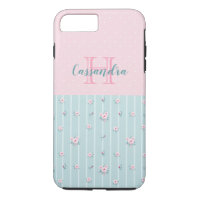 Pale Mint Green with Pink Flowers and Polka Dots 