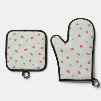 Pale Mint Japanese Red Plum Blossom Floral Pattern Oven Mitt & Pot Holder Set