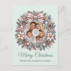 Pale Mint Silver Wreath Family Christmas Holiday Postcard