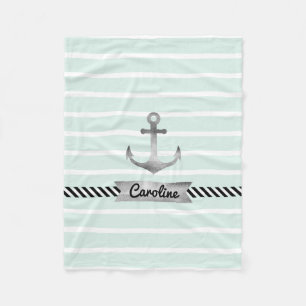 Pale Mint Stripes Watercolor Anchor Personalised Fleece Blanket