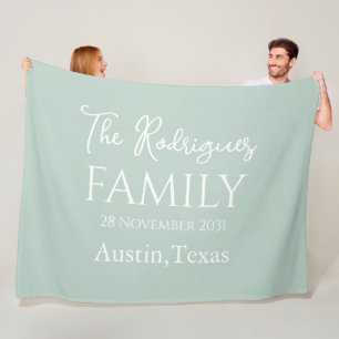 Pale Mint White Simple Customisable Family Name Fleece Blanket