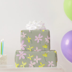 Pale Olive Khaki Sage Beige Yellow Pink Floral  Wrapping Paper