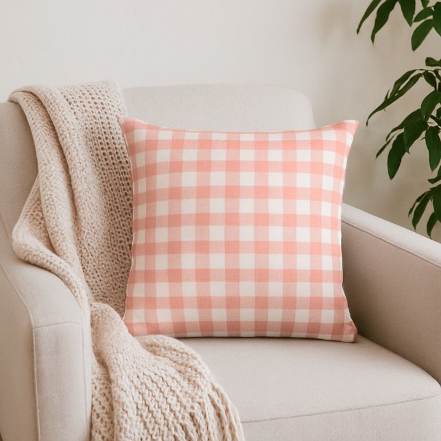 Pale Orange Gingham Plaid Throw Pillow (Creator Uploaded)
