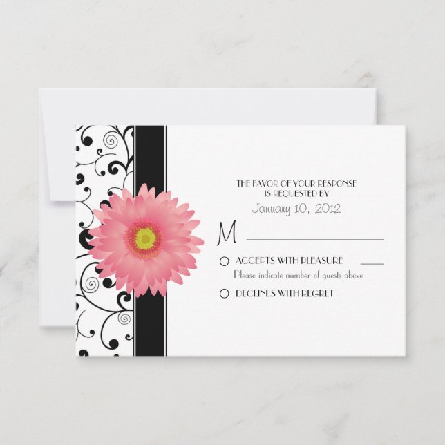 Pale Pale Gerbera Daisy Black Scroll Design RSVP Card (Front)
