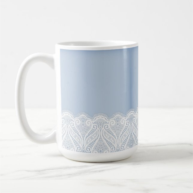 PALE PASTEL BLUE WITH WHITE LACE BORDER COFFEE MUG (Left)
