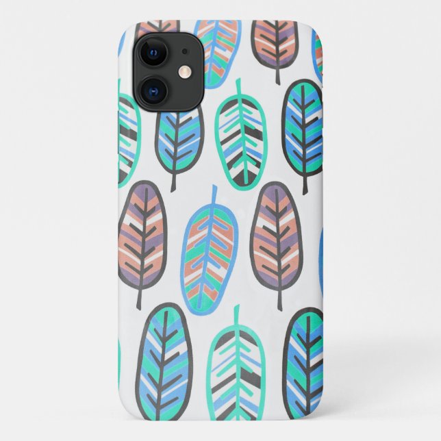 Pale Pastel Colour Turquoise Leaves iPhone 11 Case (Back)