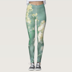 Pale Pastel Green Yellow Wild Meadow Flowers Leggings