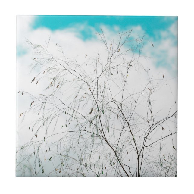 Pale Pastel Light Blue Turquoise Tree Brunches Sky Ceramic Tile (Front)